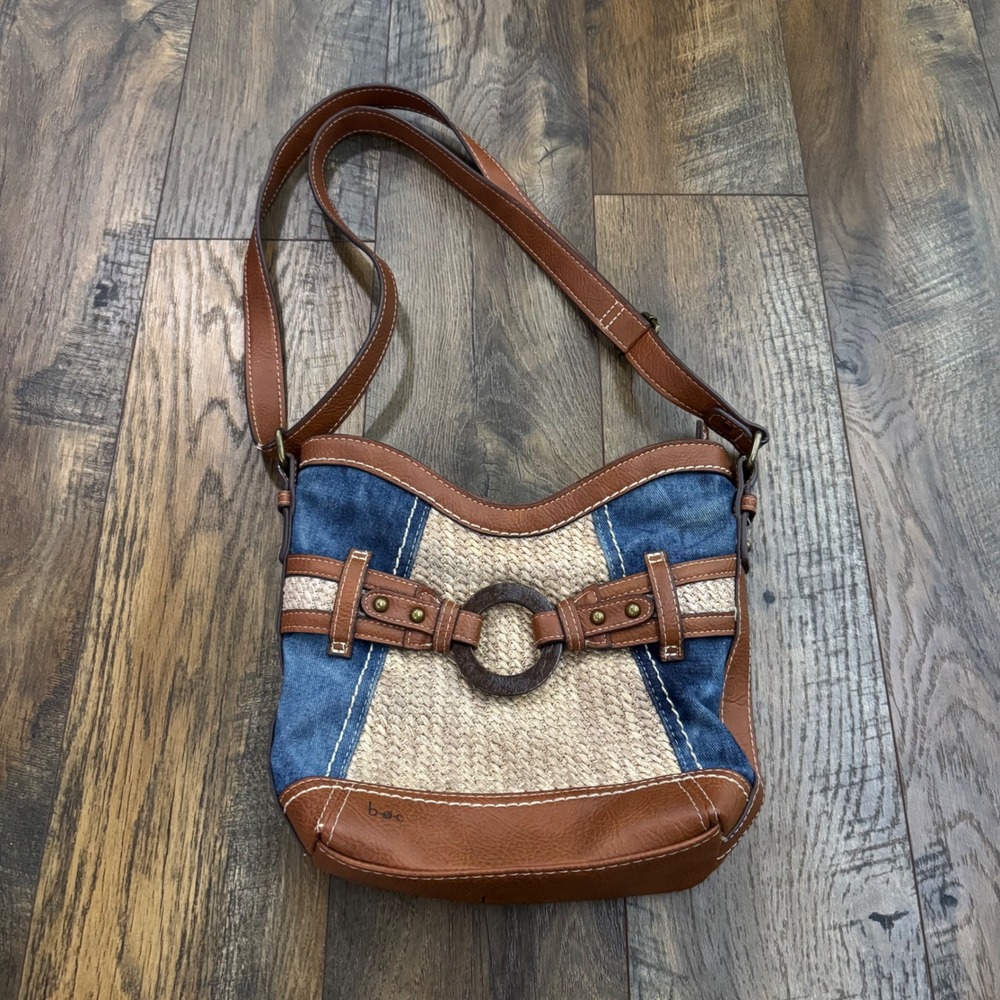 B.O.C. Born Concept Denim Straw Mixed Media‎ Crossbody Bag Brown Boho RN100622
